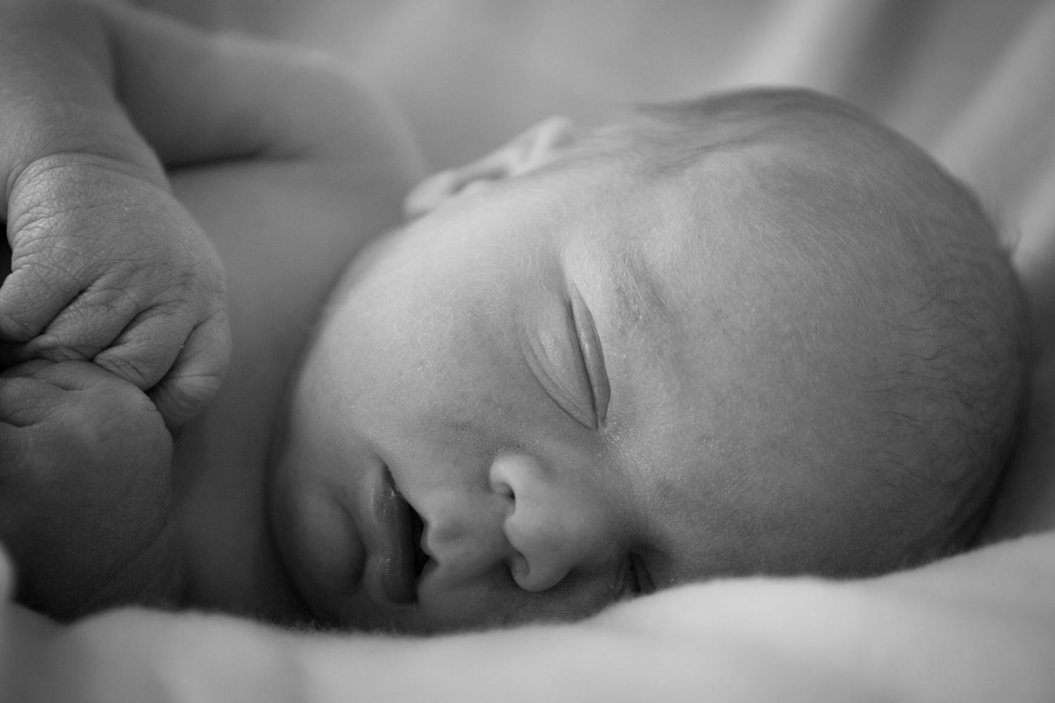 Peaceful black and white portrait of sleeping newborn baby on soft bedding.