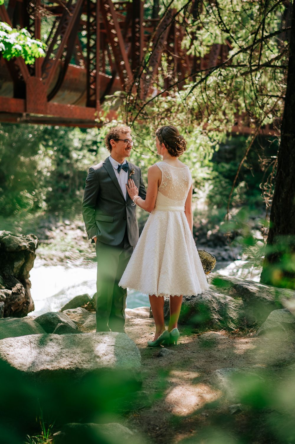Bride and Groom portraits next to Tumwater Pipeline bridge