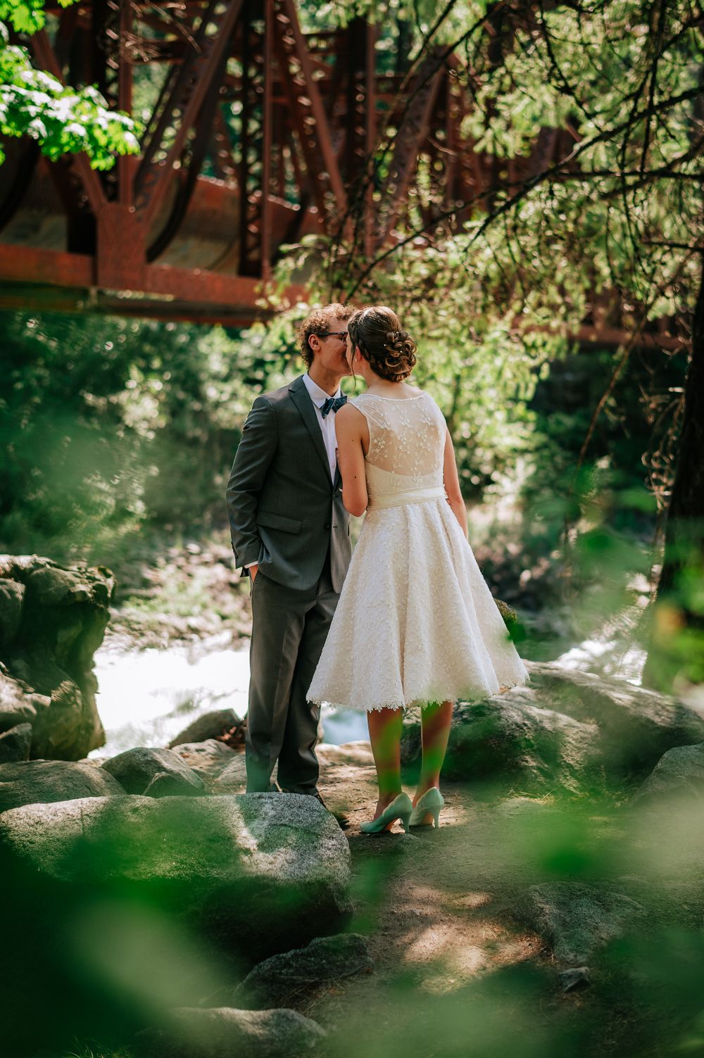 Bride and Groom portraits next to Tumwater Pipeline bridge
