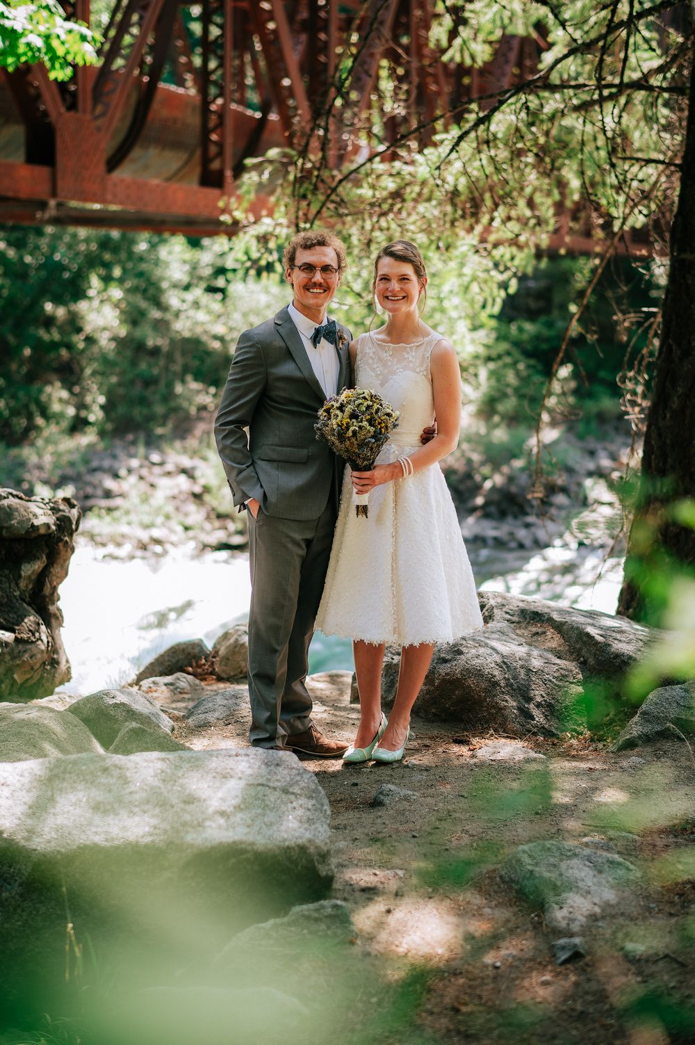 Bride and Groom portraits next to Tumwater Pipeline bridge