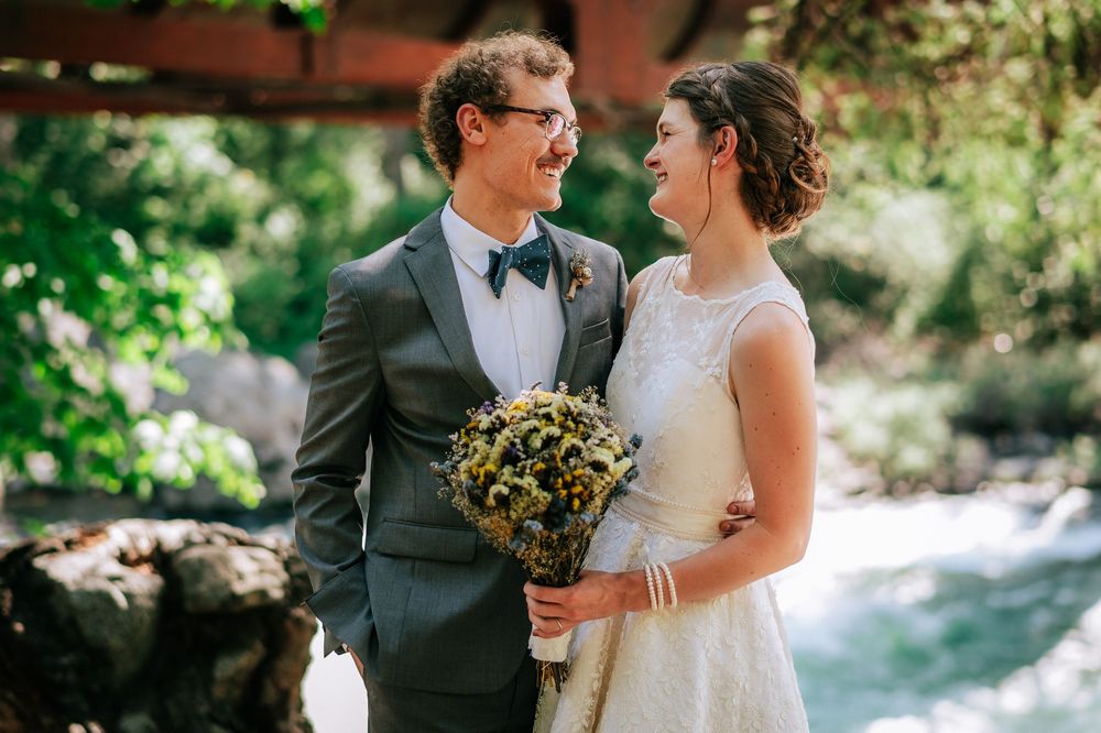 Bride and Groom portraits next to Tumwater Pipeline bridge