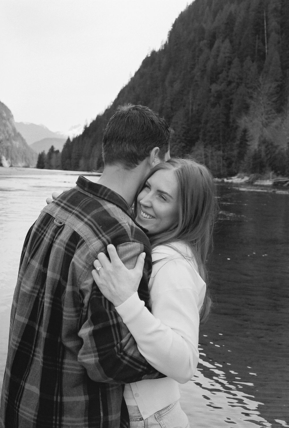 Intimate black and white photo by scenic mountain lake.
