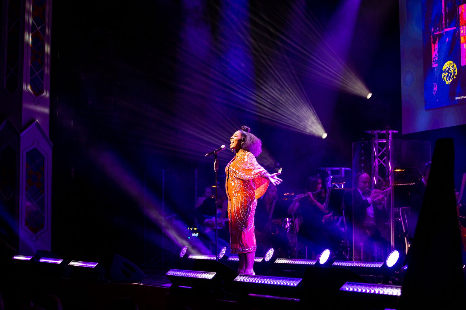 Solo performer on stage illuminated by dramatic purple spotlights and beam effects.