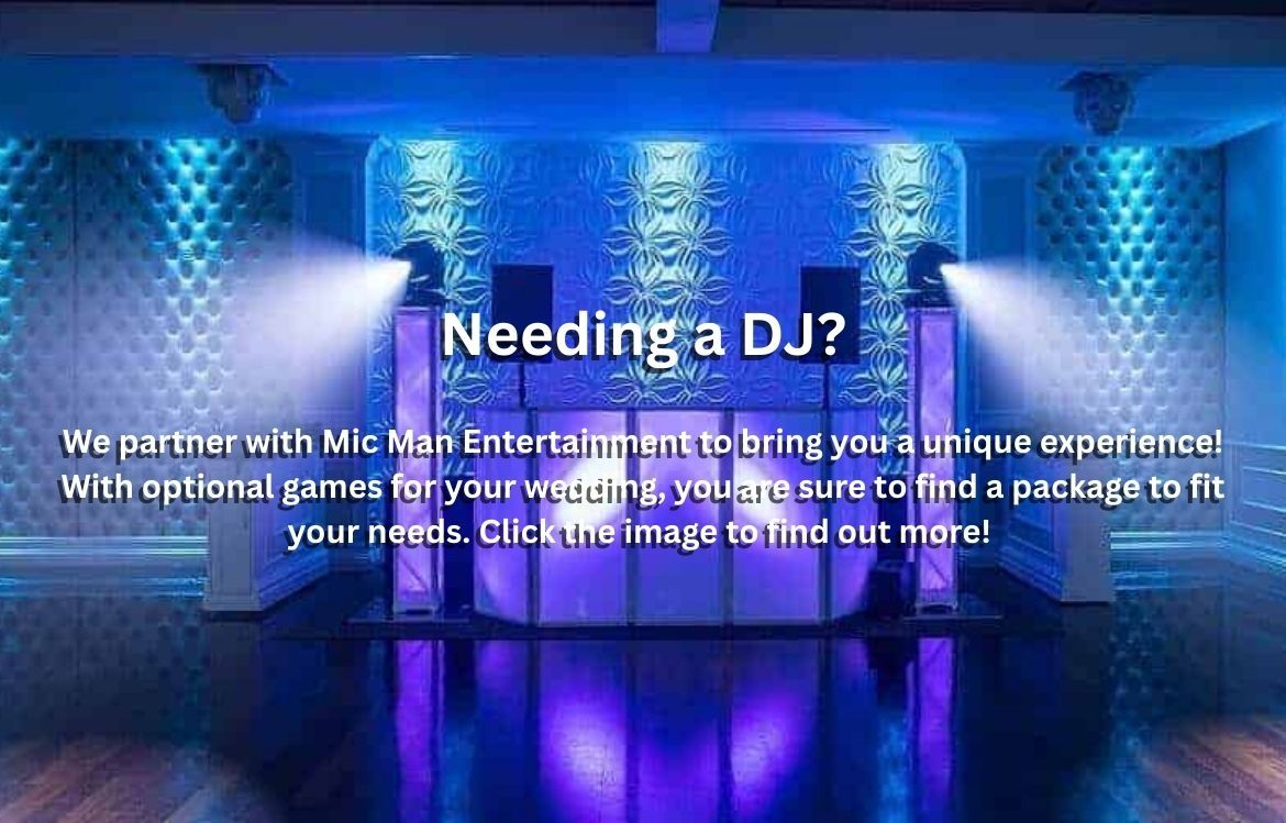 Professional DJ setup by Mic Man Entertainment, ready for a wedding reception or event with speakers, lights