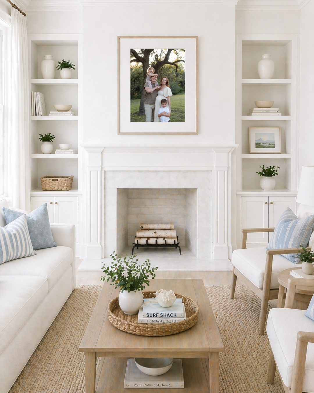 Custom wall art displayed in living room featuring engagement session at Nolan Creek in Belton Texas