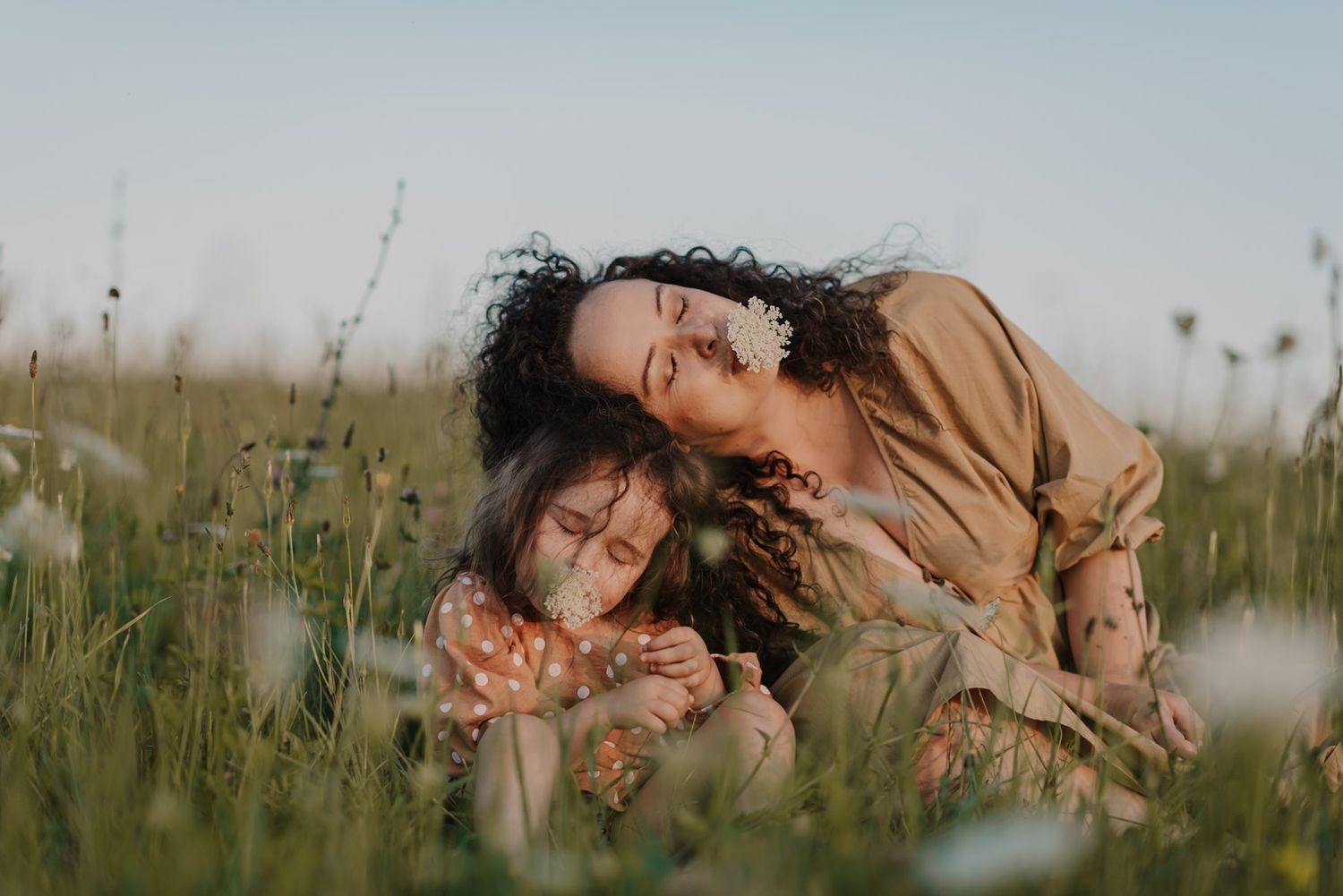 Intimate portrait session in rustic field with wildflowers at sunset.