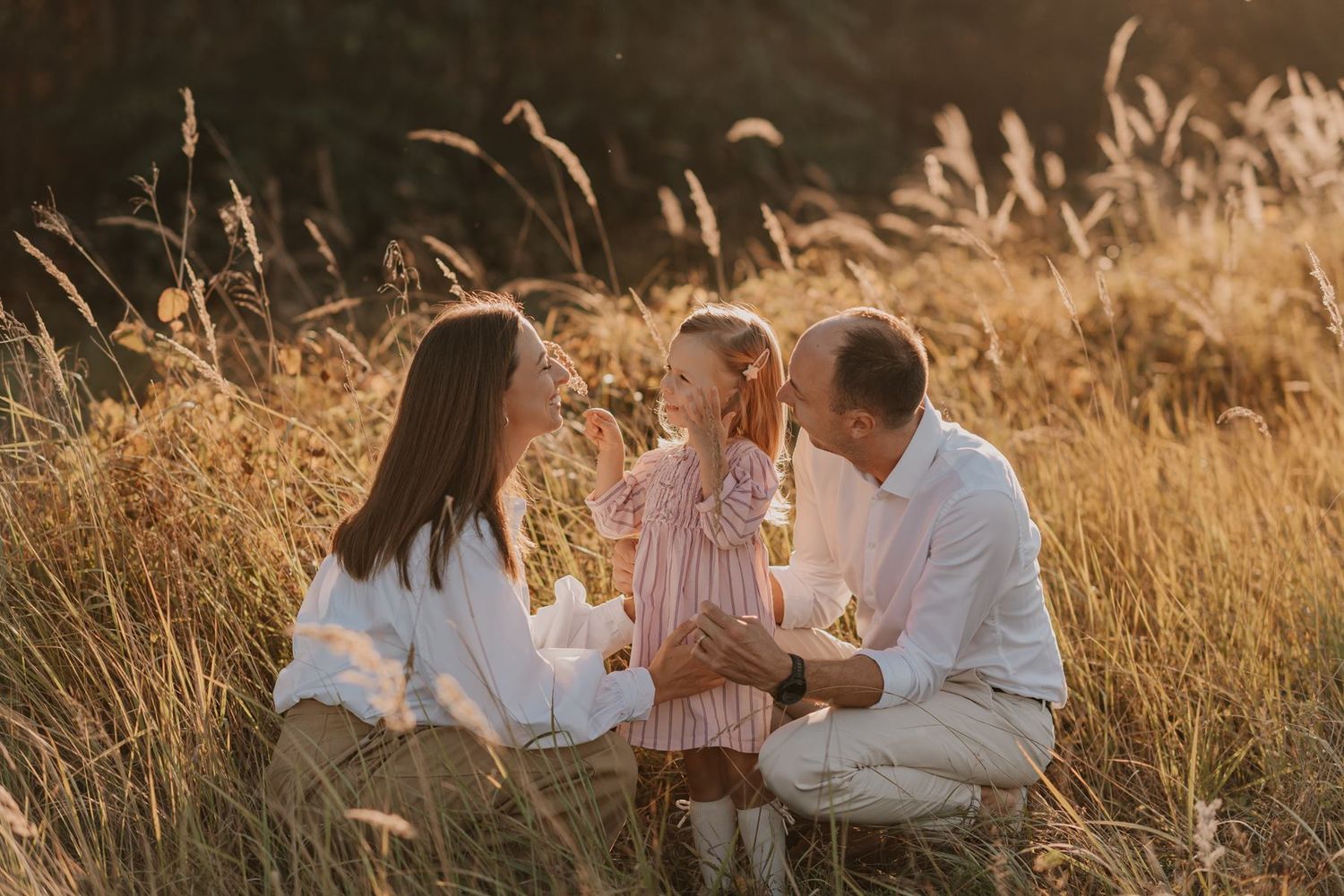 A family shares tender moments together in a sunlit meadow during golden hour.