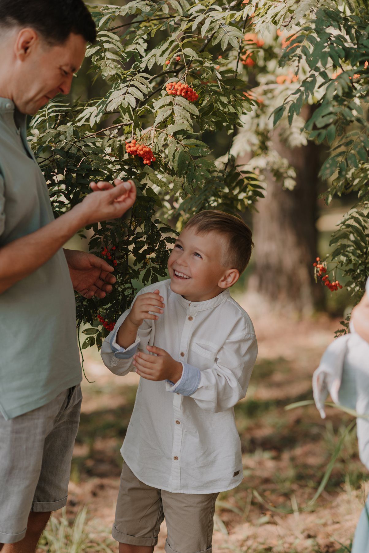 A tender interaction between family members beneath a tree with red berries.