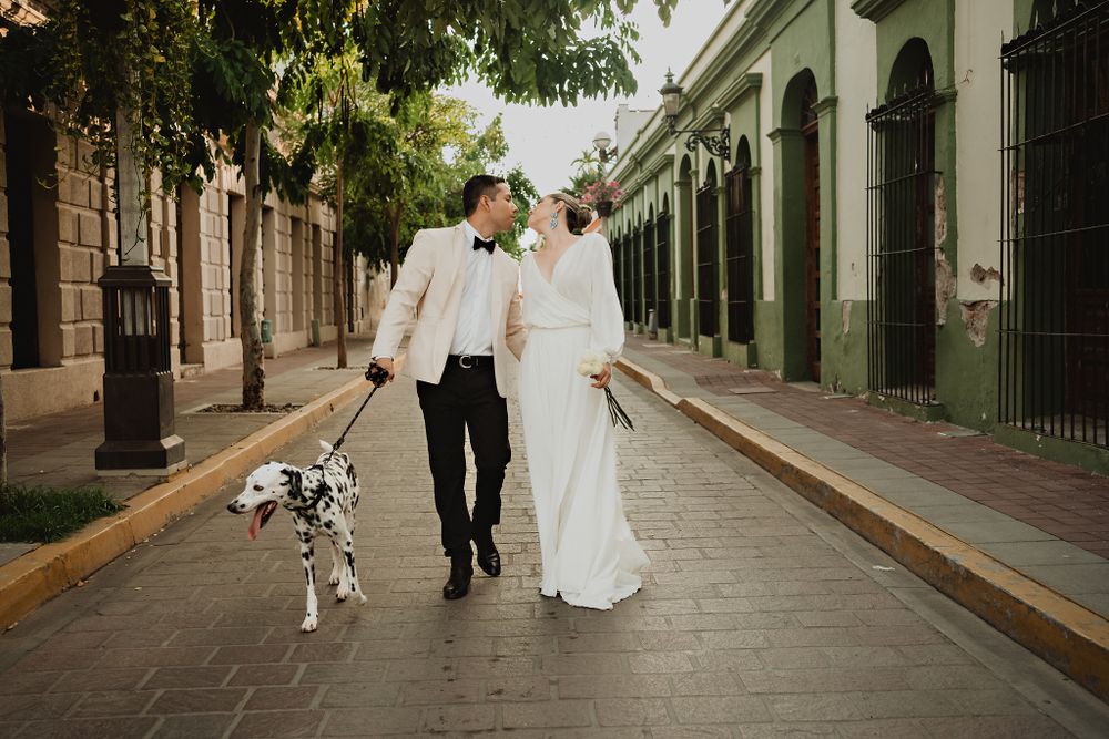 Couple kissing passionately while walking, Dalmatian by their side