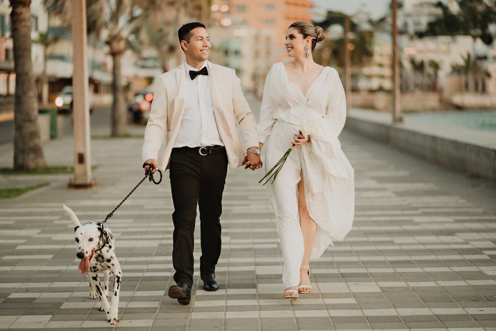 Couple walking along the boardwalk with their dog