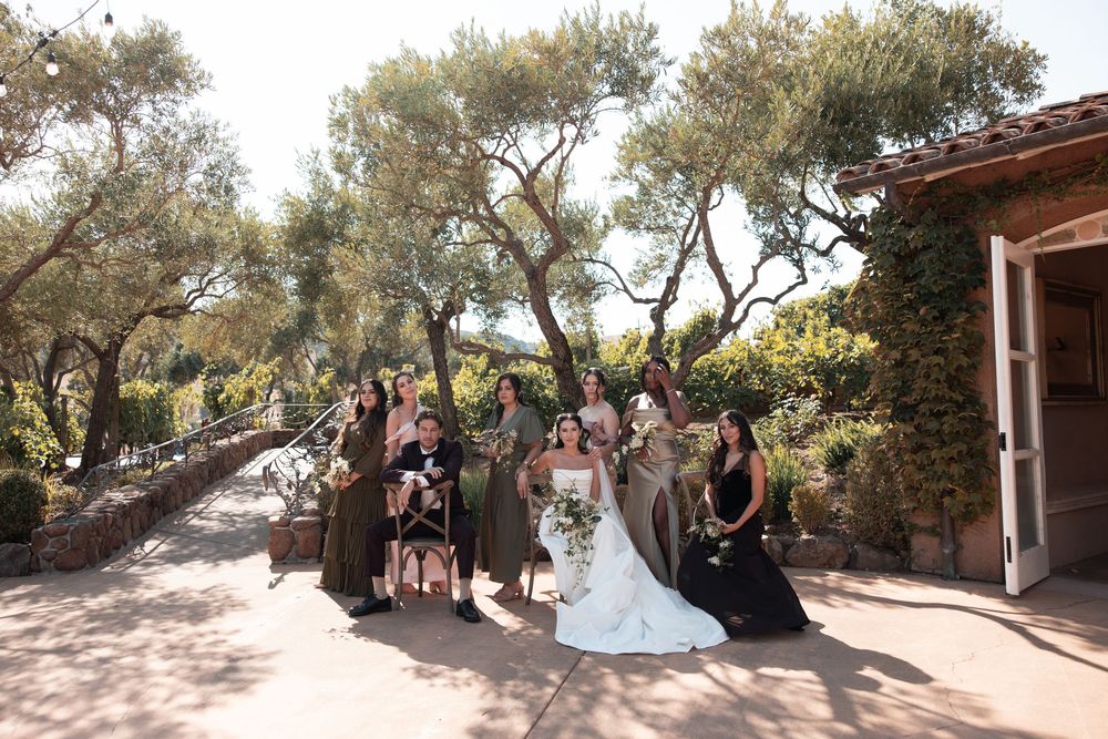 A panoramic view of an outdoor wedding ceremony under olive trees with guests gathered in a rustic garden setting.