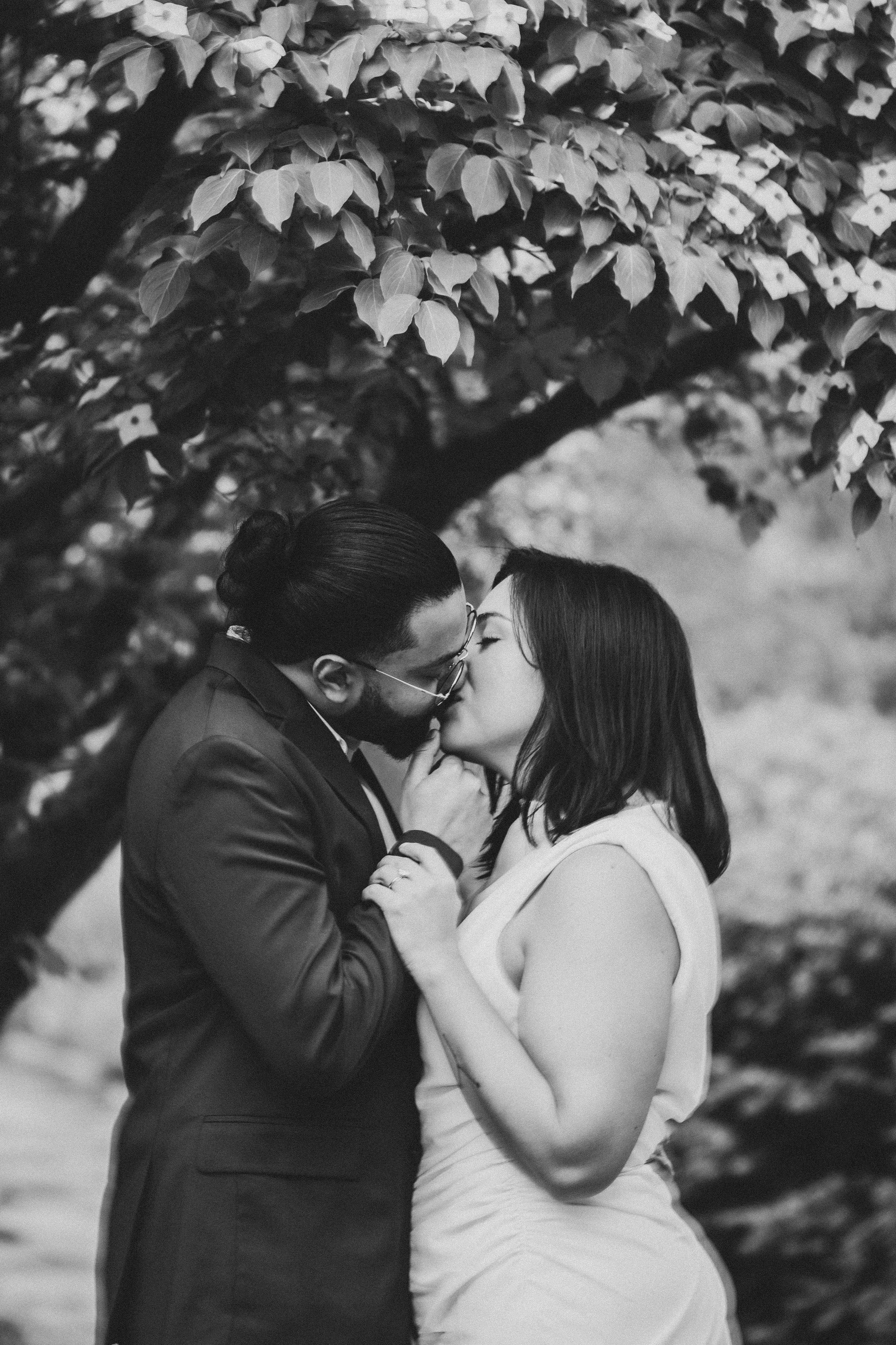 A romantic black and white photo of a couple sharing a tender kiss under tree branches in a garden setting.