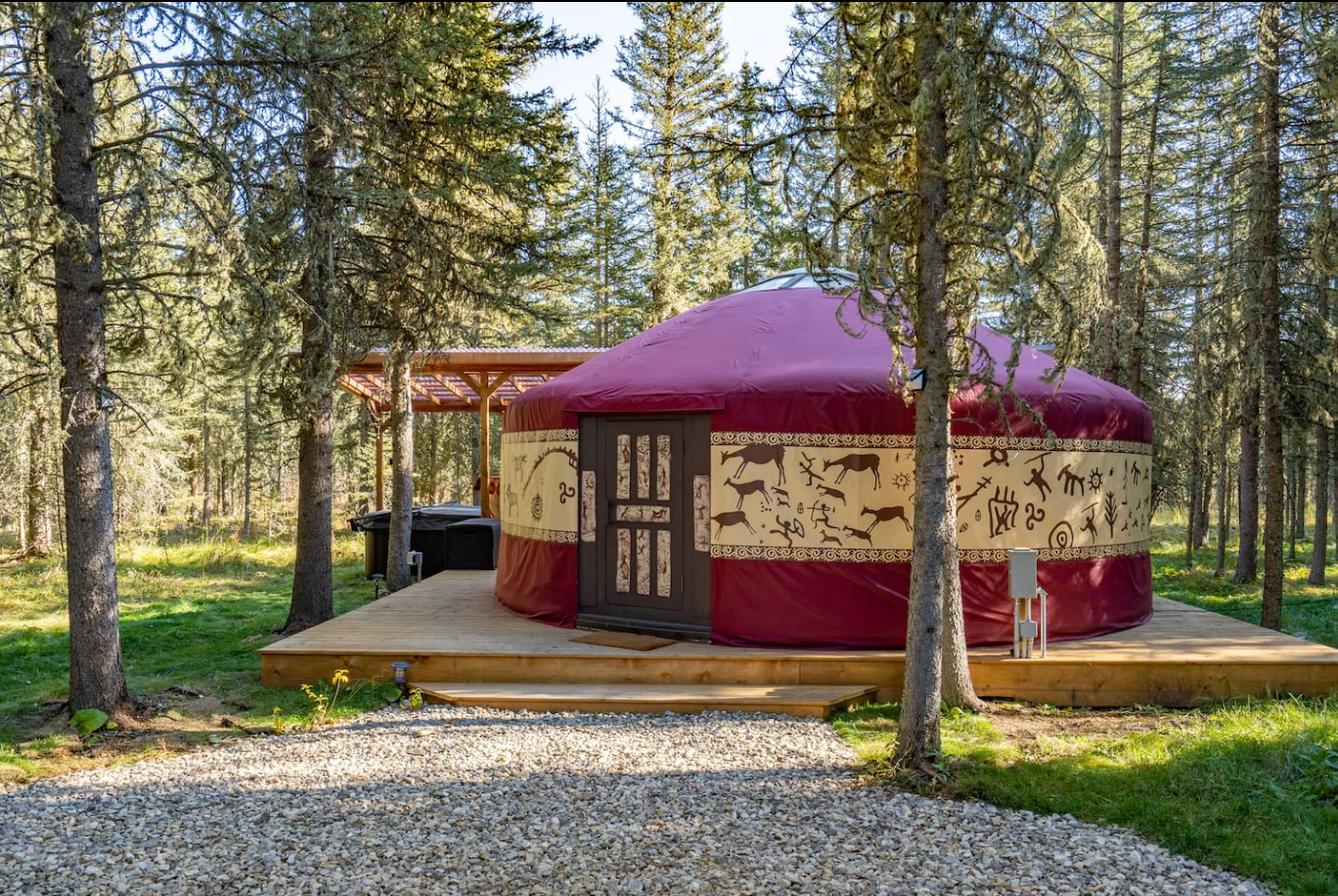 colourful yurt in a forest clearning