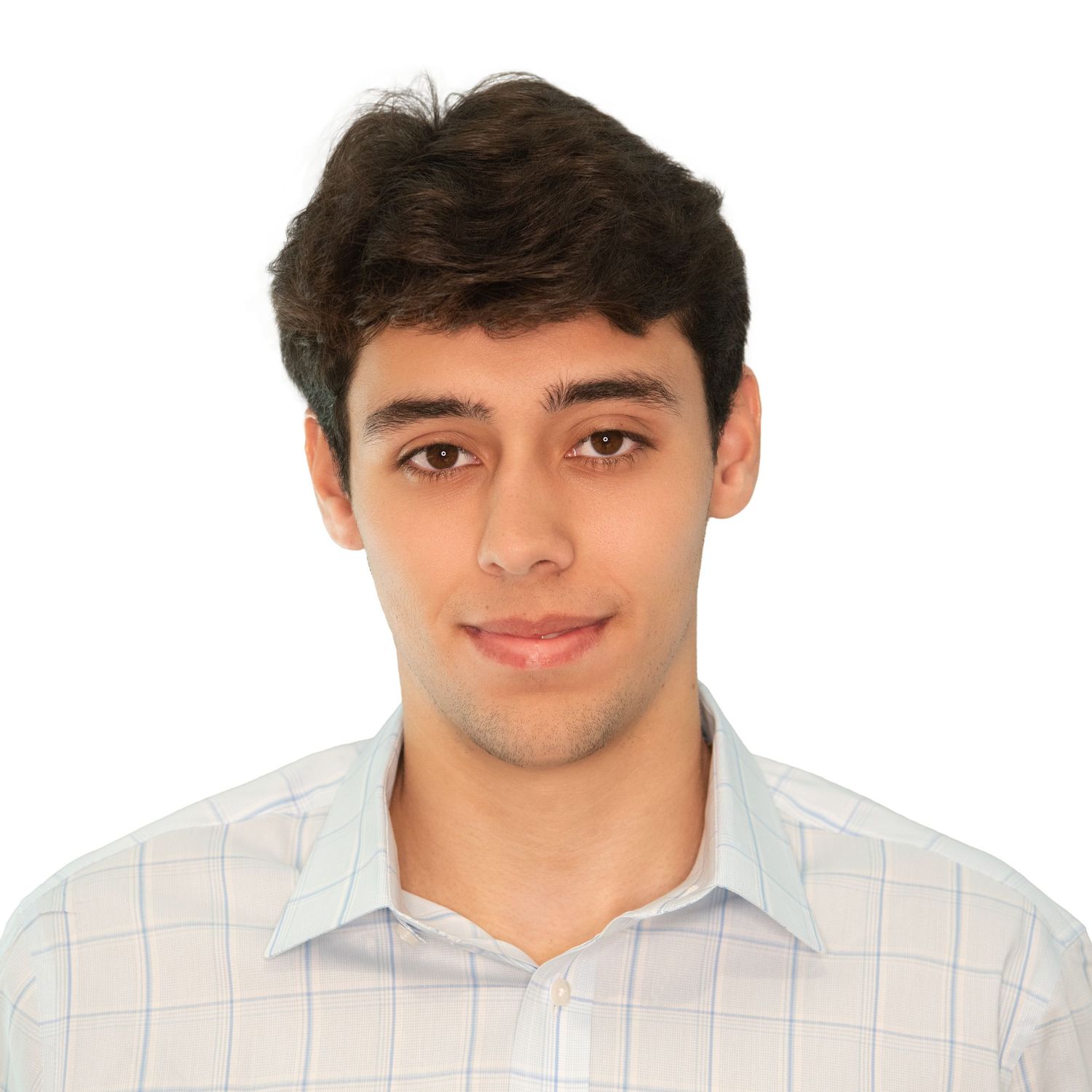 Young person wearing a white checkered button-up shirt smiles warmly at the camera in a professional headshot with Leah Ramuglia Photography