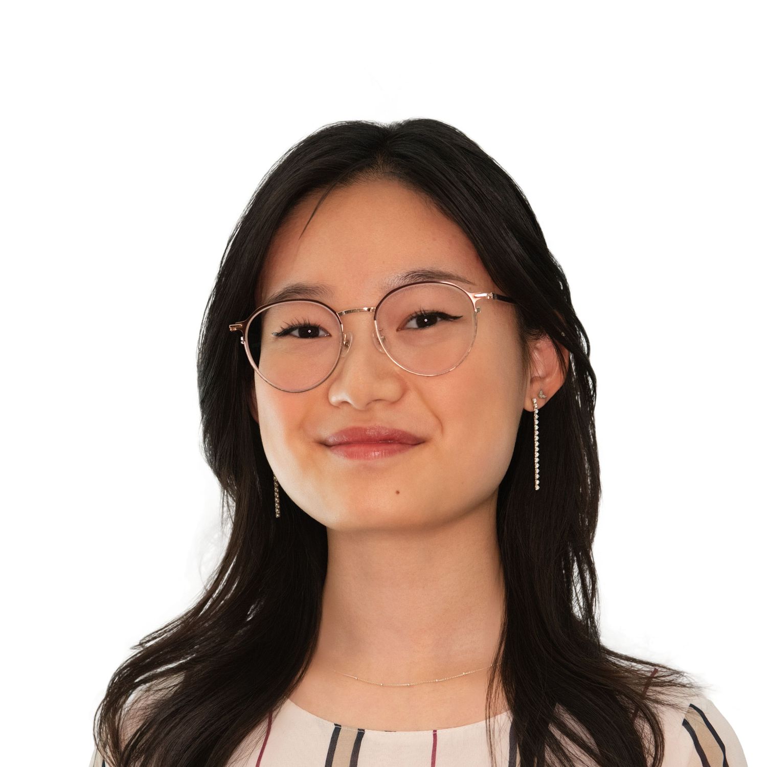 Asian woman with long dark hair wearing glasses and a white top smiles in a professional headshot with Leah Ramuglia Photography.