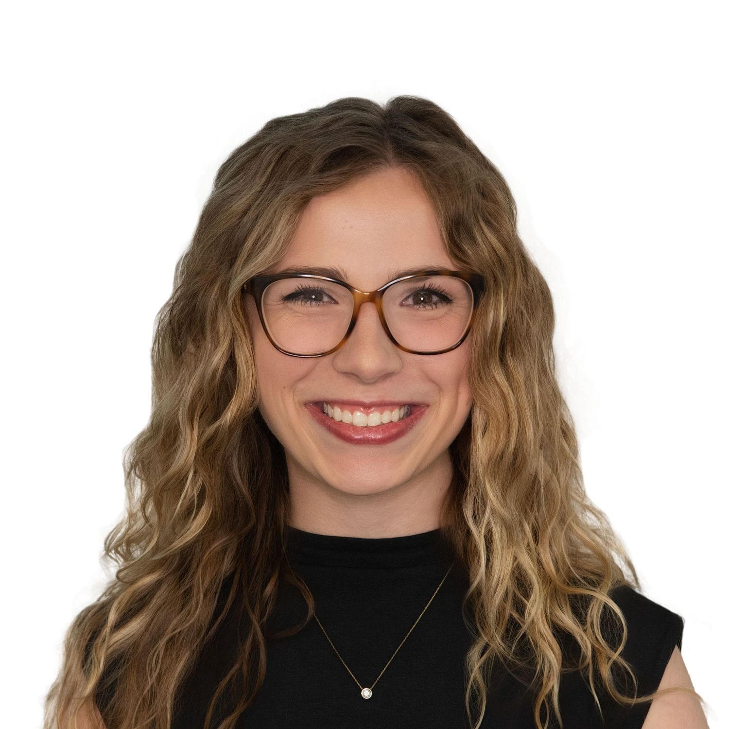 Professional headshot of a woman with wavy blonde hair wearing glasses, a black top and delicate necklace with Leah Ramuglia Photography.