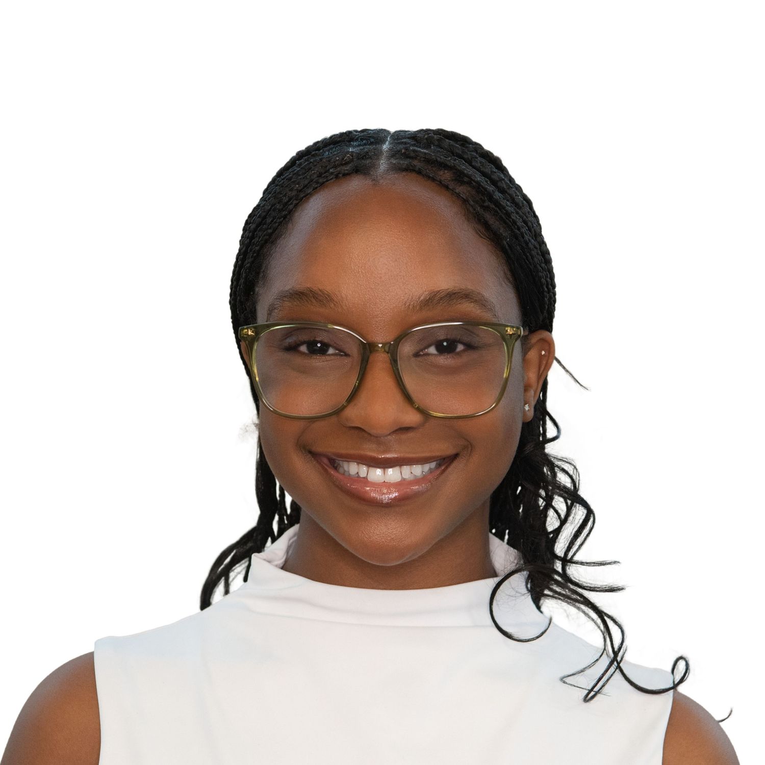 Professional headshot of someone wearing glasses and a white sleeveless with Leah Ramuglia Photography in Boston, MA.
