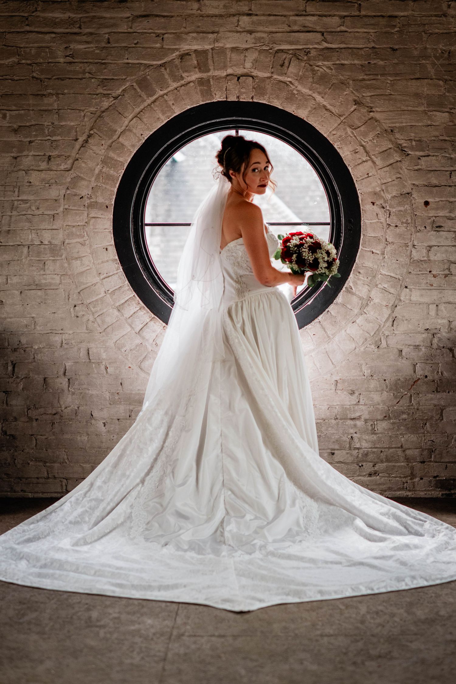 Photo of a bride at Pie Eyed Monk in Lindsay, Ontario.