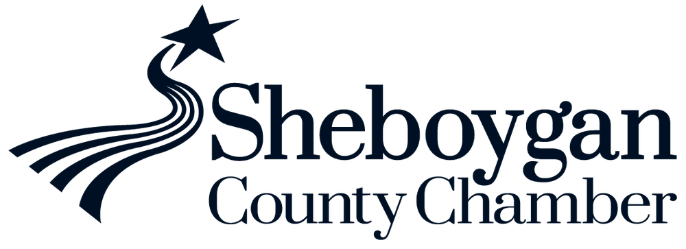 Sheboygan County Chamber of Commerce logo featuring a star and wavy lines in black and blue design.