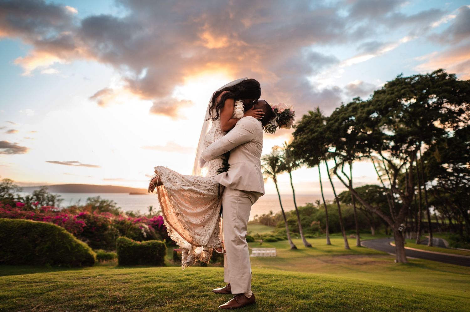 Romantic sunset wedding photography session on a tropical golf course.
