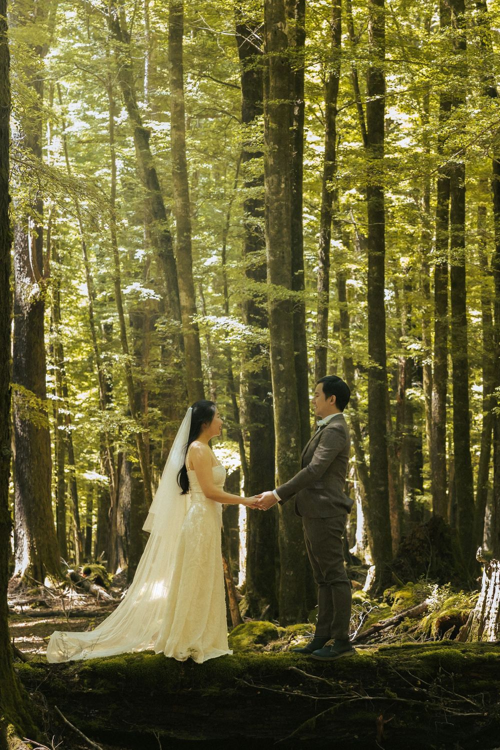 Two figures in elegant attire stand among towering trees in a sunlit forest setting.