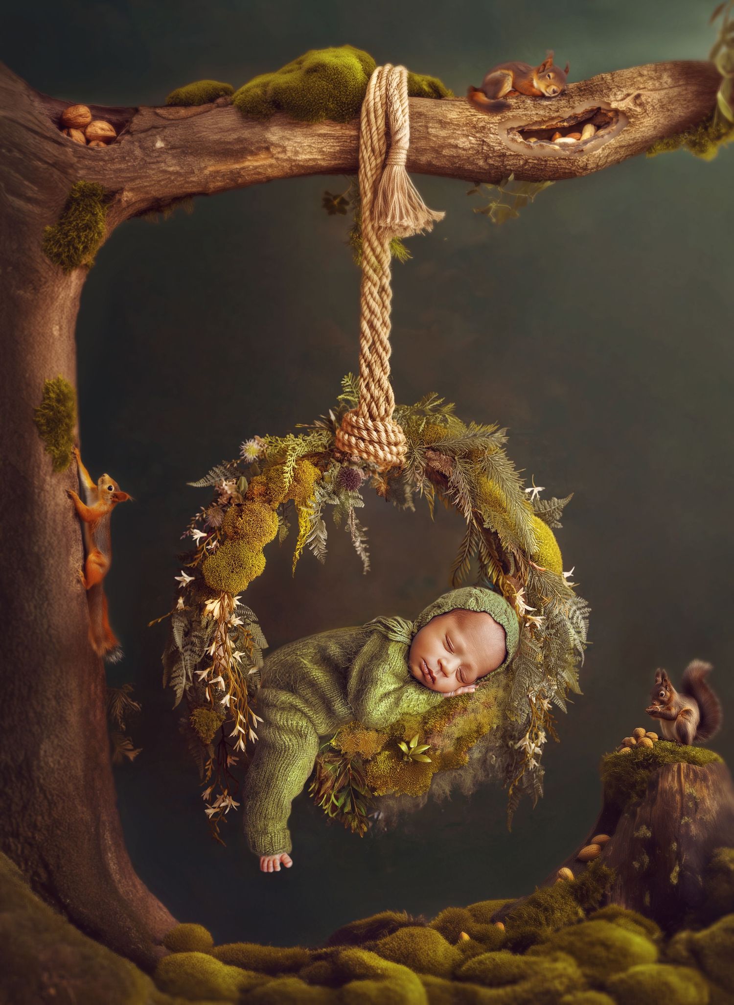 imagen fantaciosa de bebe durmiendo en columpio redondo en el bosque con ardillas alrrededor la imagen tiene mucho detalle escondido