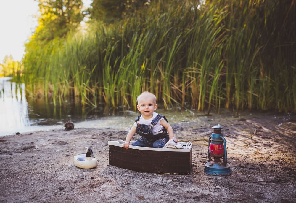 A series of candid outdoor photos showing children playing on swings and exploring a wooded area in natural light.