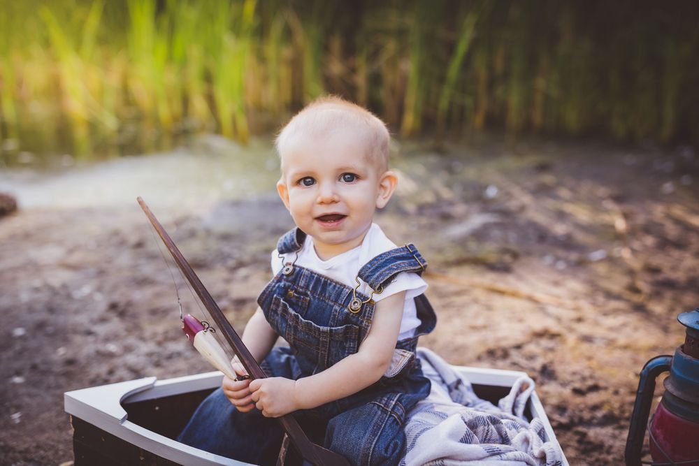 A collection of outdoor family photos showing joyful moments in nature with a denim and gray color scheme.
