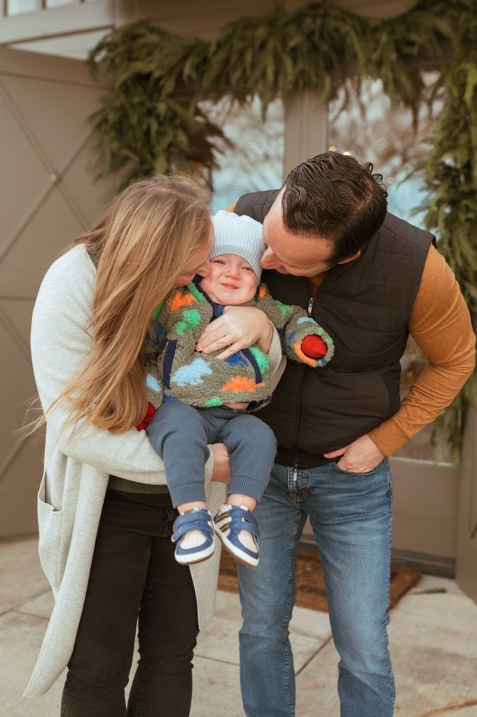 Sweet family moment captured in sequence showing parents interacting with small child in casual attire.