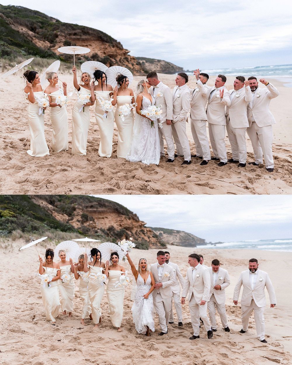 A wedding party in all white attire poses playfully on a scenic beach with cliffs in the background.