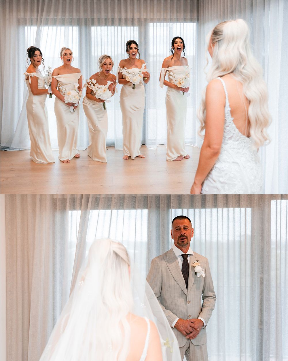 Wedding party members in white dresses and gray suits pose together in a bright room with sheer curtains.