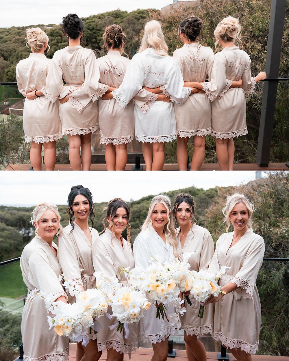Group wearing matching cream-colored silk robes posing together outdoors in a wedding party setting.
