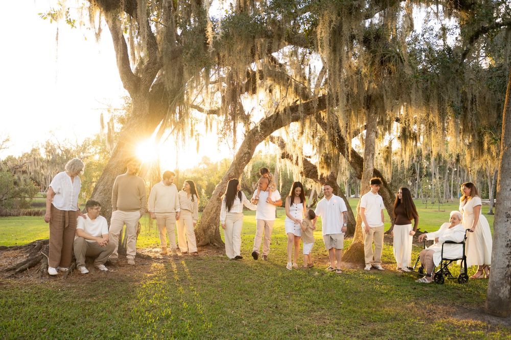 Large family group posing under Spanish moss-covered oak tree at golden sunset in lush green park.