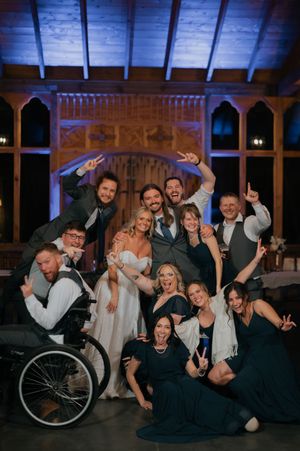 A series of five candid group photos showing wedding guests posing and celebrating together at a reception.