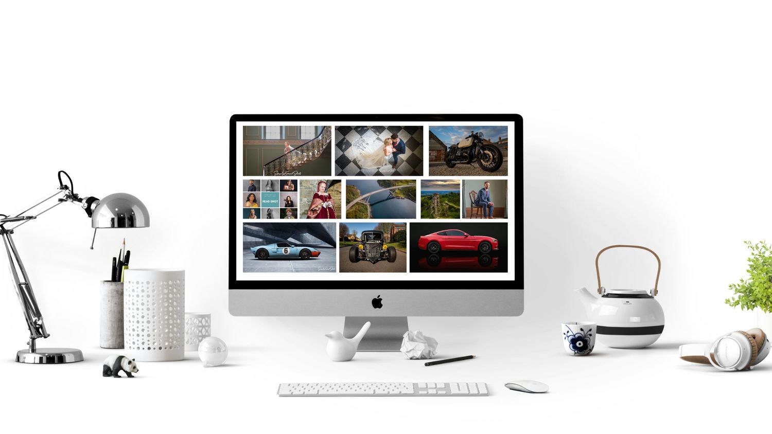 A PC screen showing images of commercial, headshot, wedding and automotive photography