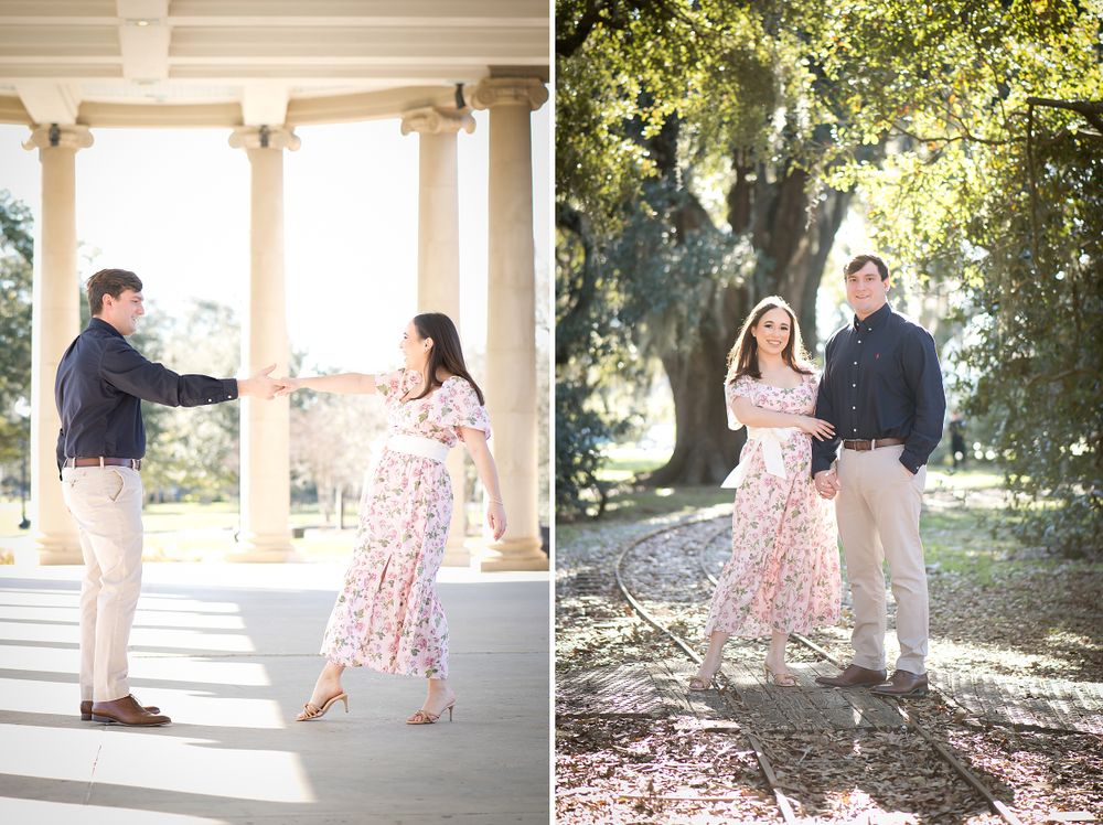 Series of romantic portraits captured under a columned walkway with natural light.