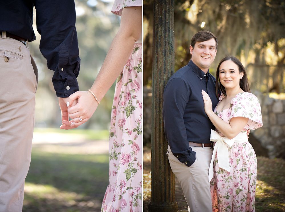 Romantic couple portraits showing playful interactions in a natural outdoor setting.