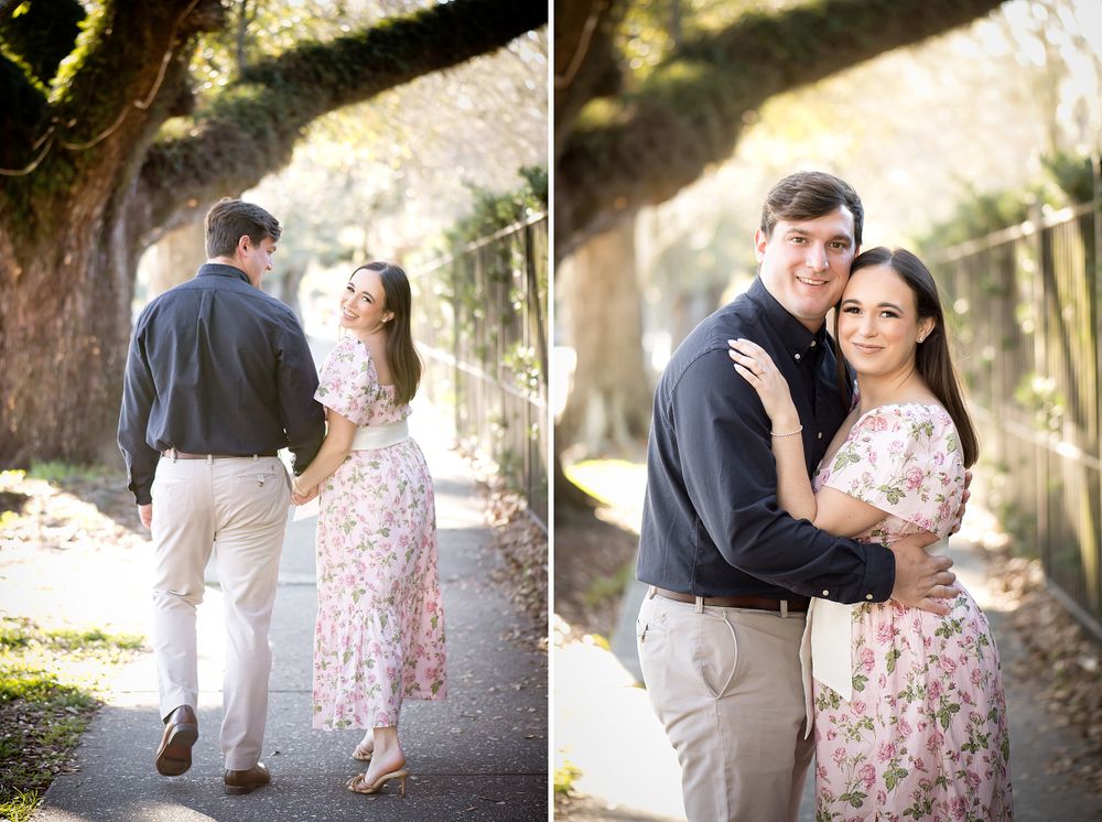 Series of candid engagement photos showing couple interacting playfully outdoors.