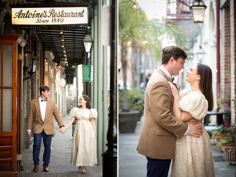 Romantic engagement photos taken outside historic Antoine's Restaurant in New Orleans with vintage decor and architecture.