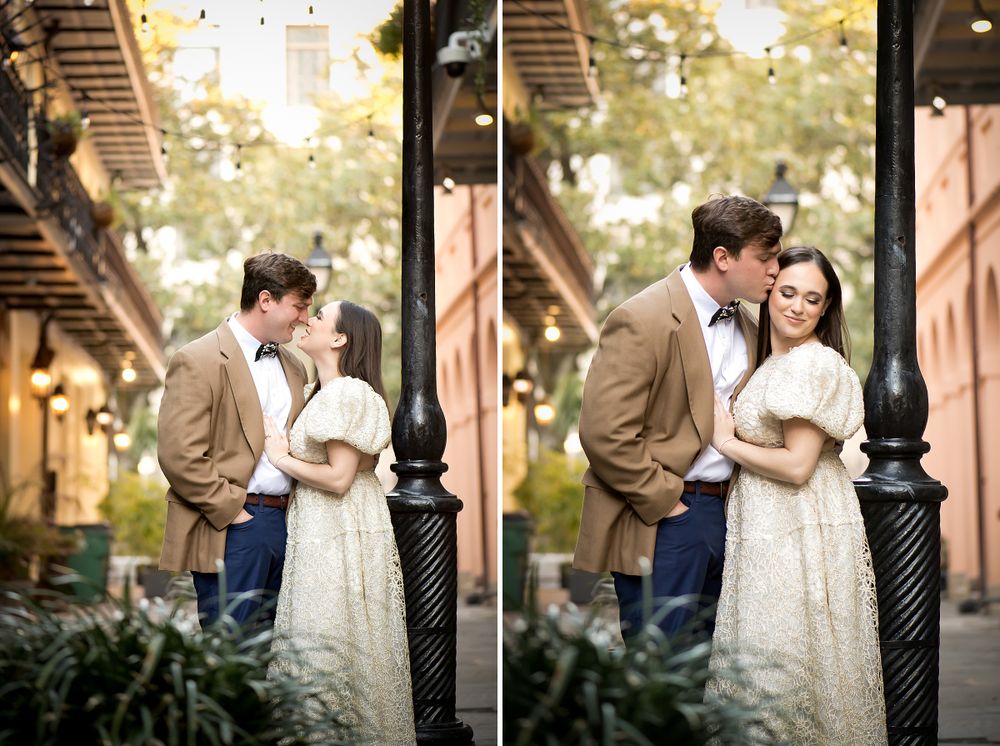 Series of romantic poses along a covered walkway with ornate columns and greenery.