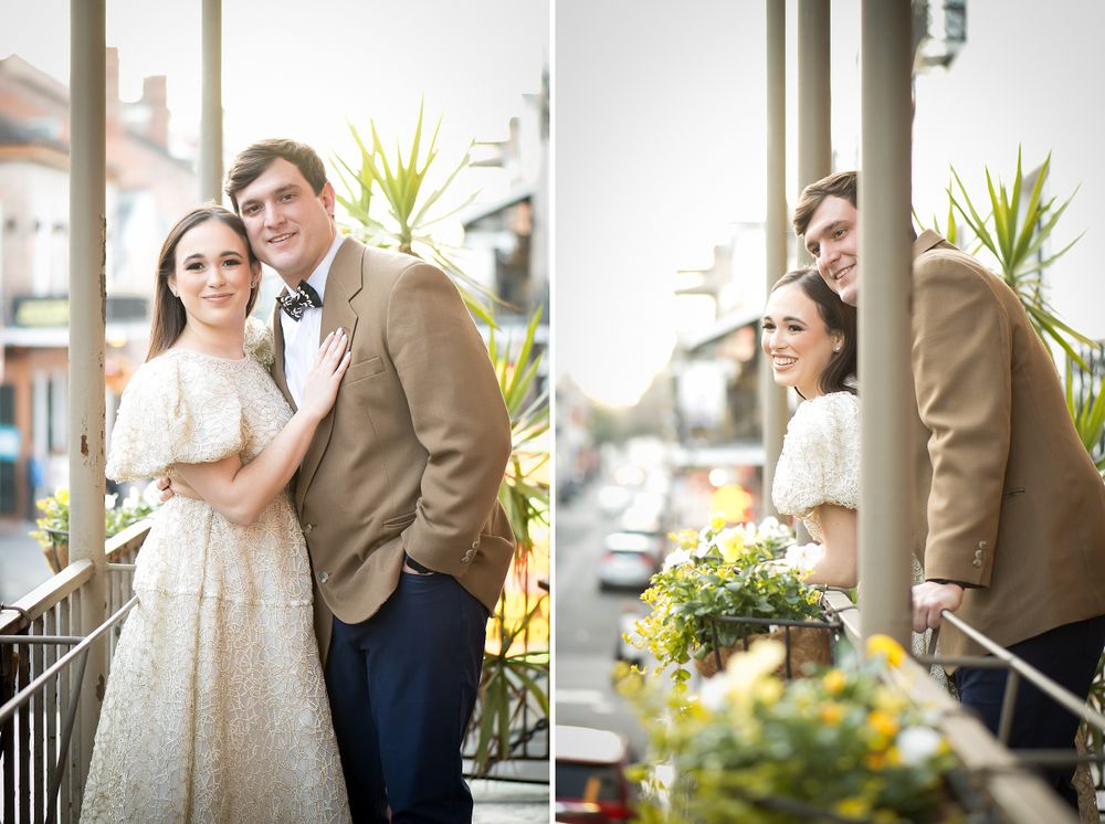 Engagement photos on a sunny porch with tropical plants and architectural details.