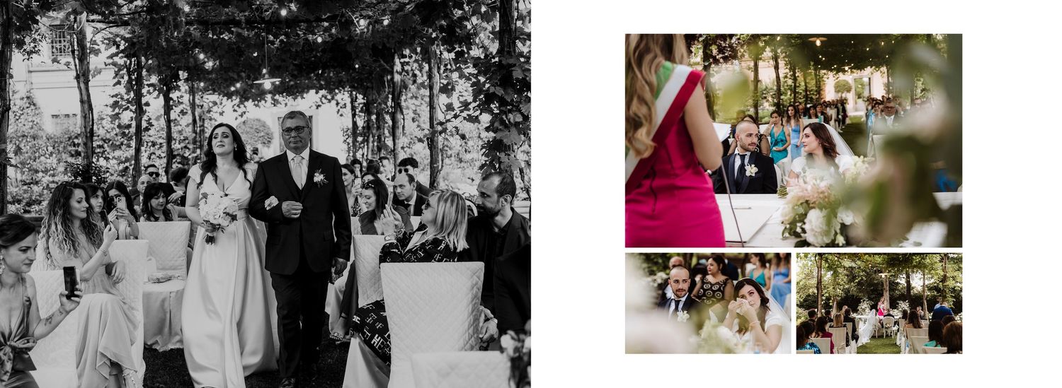 Outdoor garden wedding ceremony with couple at altar under trees surrounded by smiling guests.