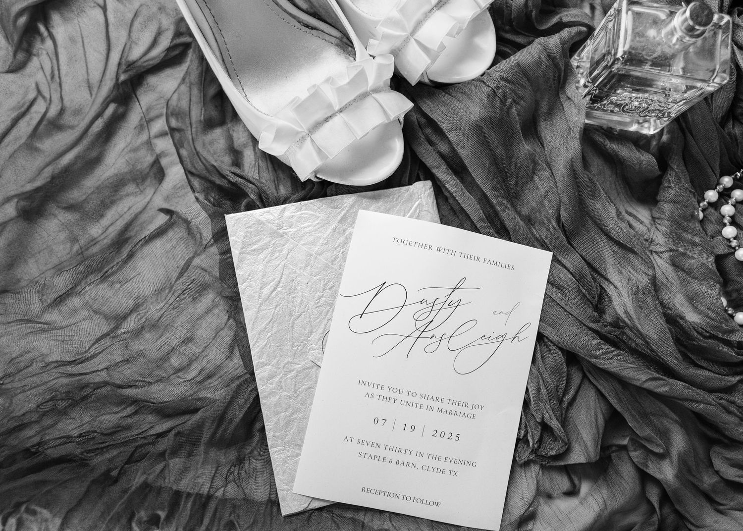 flay lay detail photo of invitations on a wedding day