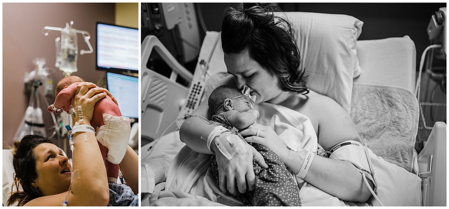 Two touching black and white hospital photos showing tender moments after childbirth.