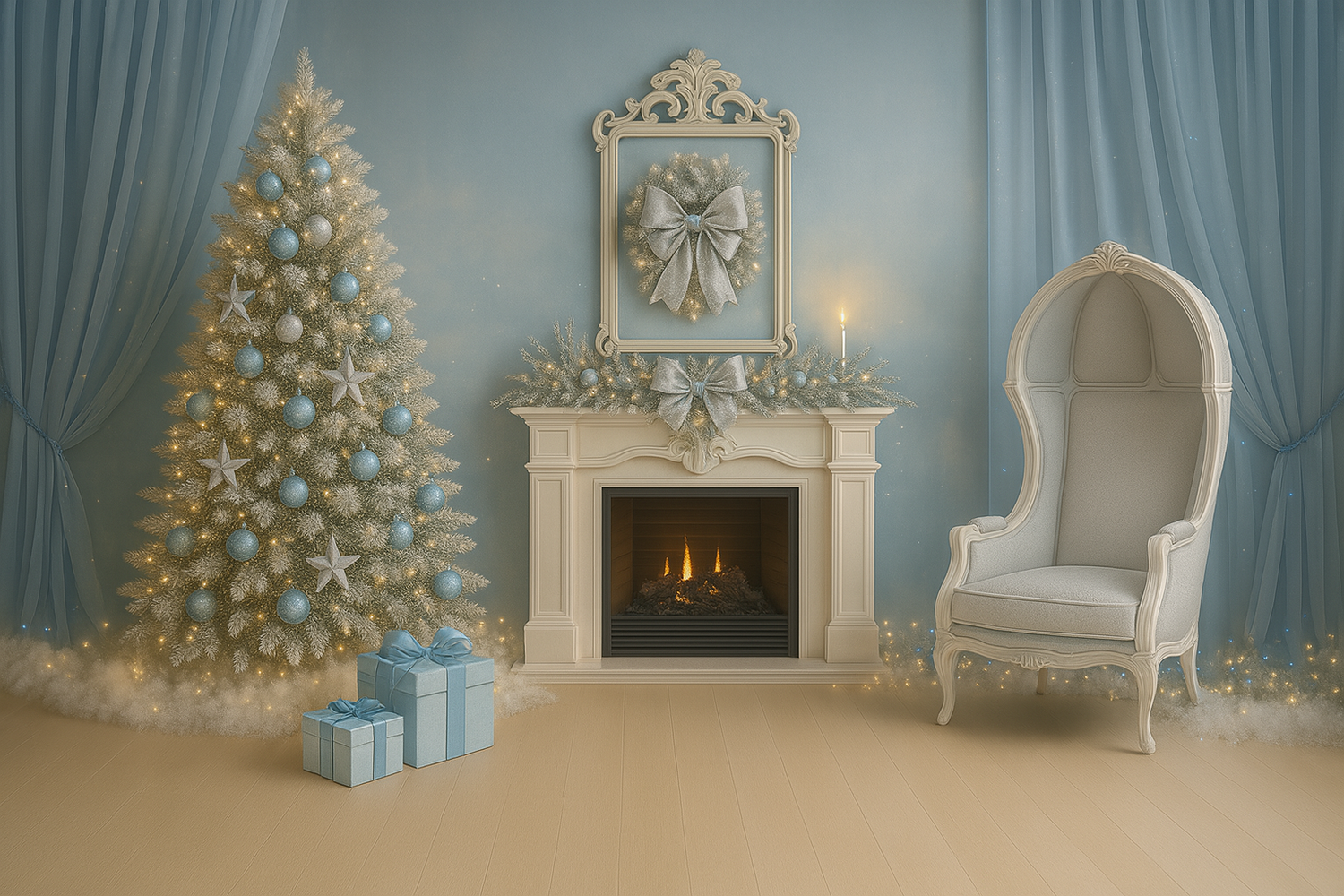Luxurious Christmas setup featuring white fireplace, blue curtains and lit tree with wrapped gifts.