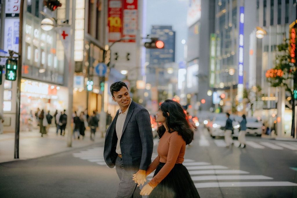 Evening and night lights couple engagement photography Shinjuku Tokyo