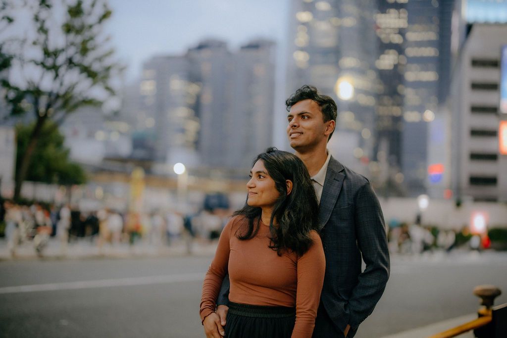 Evening and night lights couple engagement photography Shinjuku Tokyo