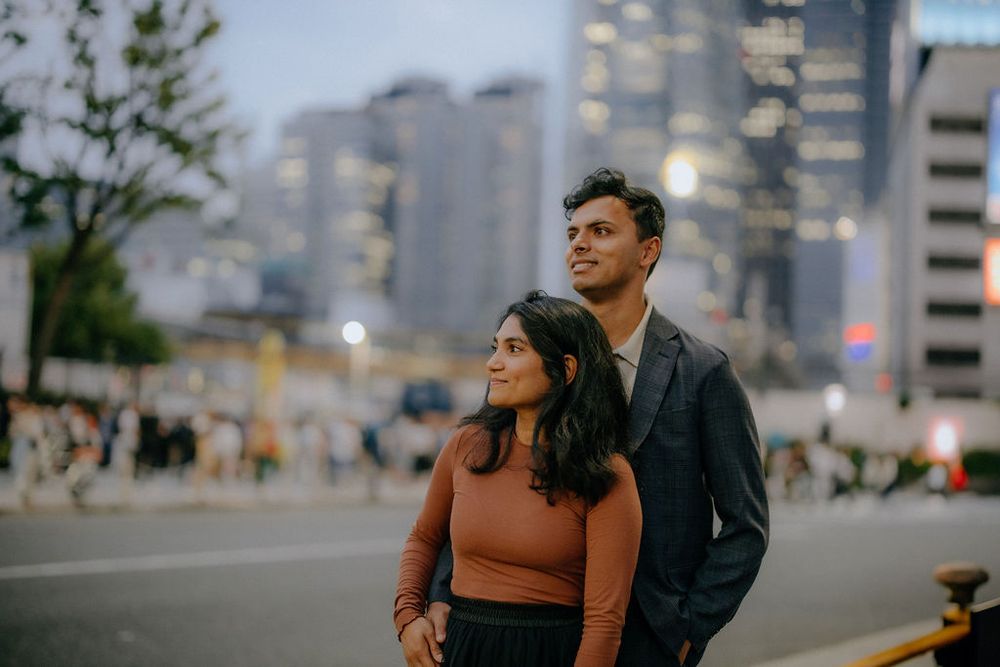 Evening and night lights couple engagement photography Shinjuku Tokyo