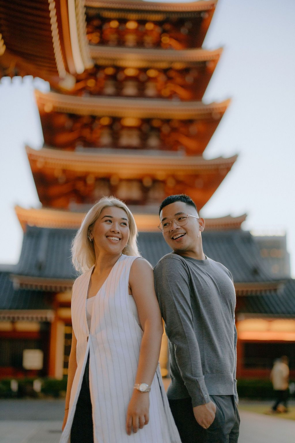 Evening and night lights couple engagement photography Sensoji Tokyo