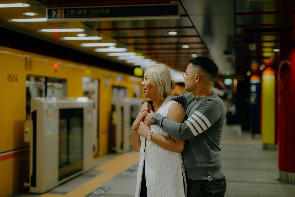Evening and night lights couple engagement photography Tokyo station